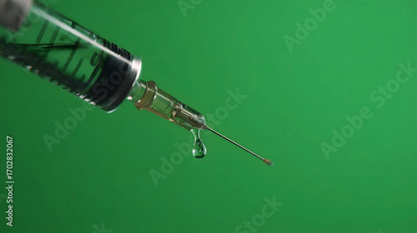 Fototapeta Close-up of a syringe with a drop of liquid on the needle against a green background.