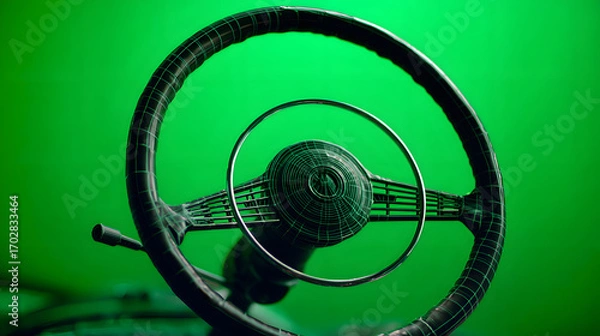 Fototapeta A vintage steering wheel with a concentric ring effect against a vibrant green background.