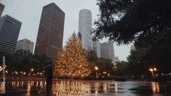 Obraz Houston's Dazzling Christmas Tree: Reflections on a Rainy Night in the Cityscape