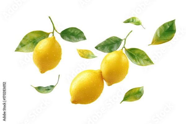 Fototapeta Fresh lemons with leaves, vibrant yellow fruit, green foliage, a high-resolution image, digitally enhanced