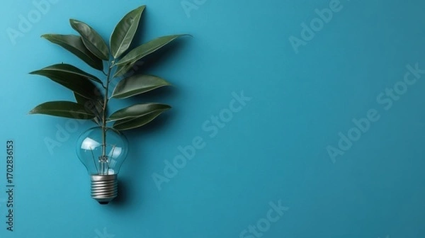 Obraz Green Leaves Growing From Lightbulb on Teal Background, Eco Concept.