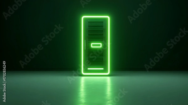 Fototapeta A glowing green neon outline of a server rack stands in a dark, reflective room, symbolizing technology and data.