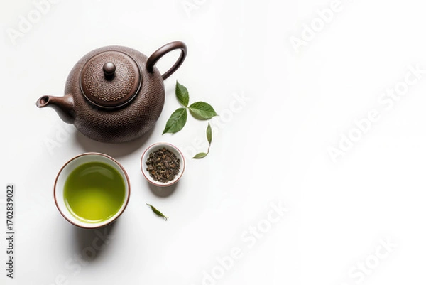 Fototapeta Asian tea set - iron teapot and ceramic cups with green tea and leaves. Traditional tea composition on white background, copy space.