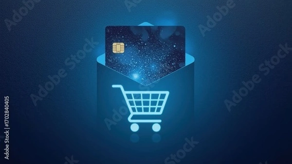 Obraz Credit card payment concept showing digital transaction with shopping cart symbol, e-commerce business, online shopping, secure checkout, finance technology background, blue glowing design, retail in