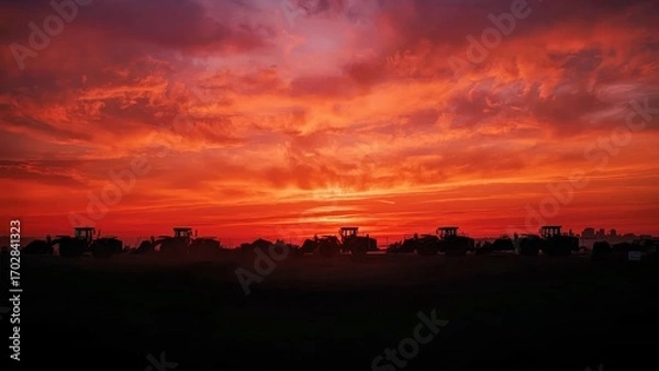 Obraz Stunning fiery sunset glowing with vibrant red and orange hues over serene rural landscape perfect for nature, travel, and evening relaxation themes with dark silhouettes and dramatic sky