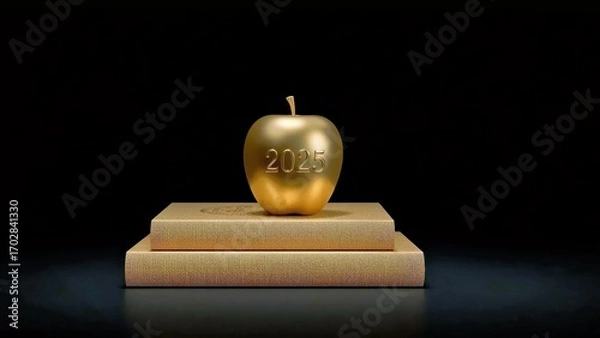 Obraz Golden apple sitting on books symbolizing education achievement award, perfect for academic success presentations, school honors, motivational backgrounds with dark elegant contrast and luxurious sty