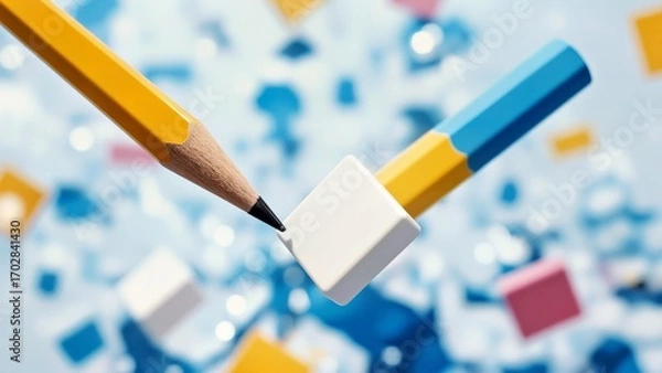 Obraz Close-up pencils drawing geometric shapes and cubes in abstract digital art creation, graphic design concept for creativity, education, technology, innovation background, modern minimal style