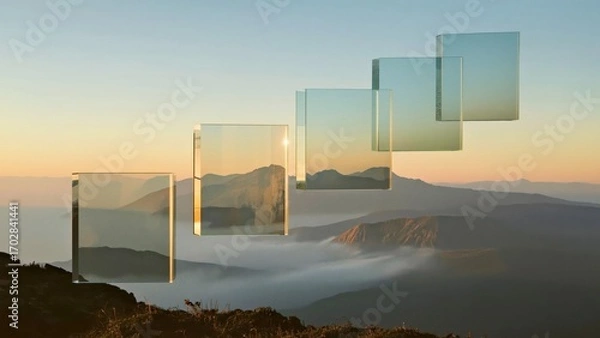 Obraz Transparent glass blocks ascending over mountain landscape at sunset for design, decoration, technology, advertising, and abstract backgrounds with soft warm colors and misty atmosphere