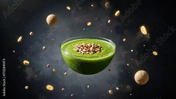 Obraz Green smoothie bowl topped with granola floating in dark background, healthy breakfast concept, vegan diet ideas, food blog, nutrition promotion, energetic morning inspiration, vibrant colors, health