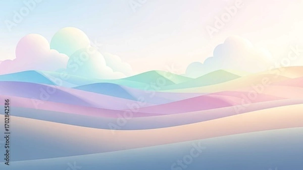 Obraz A collection of serene, dreamy landscapes featuring soft pastel color gradients, rolling hills, and fluffy clouds, evoking a sense of calm, tranquility, and whimsical fantasy.