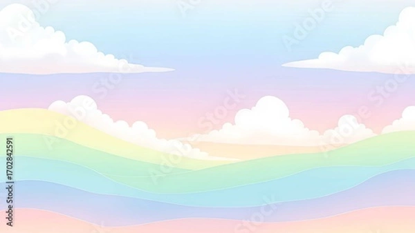 Obraz A collection of serene, dreamy landscapes featuring soft pastel color gradients, rolling hills, and fluffy clouds, evoking a sense of calm, tranquility, and whimsical fantasy.