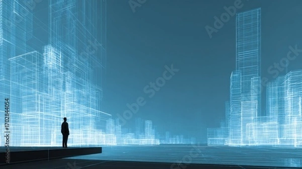 Fototapeta Futuristic Cityscape Visualization: Businessman Contemplates Digital Urban Development and Architectural Innovation in a Virtual Environment
