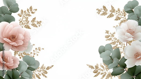Fototapeta Floral border frame with pink peonies, eucalyptus leaves and golden botanical elements on white background for wedding invitations