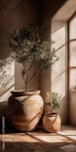 Fototapeta Sunlit corner with two potted plants, one large and one small, in terracotta pots, casting shadows on a wooden floor against a neutral wall
