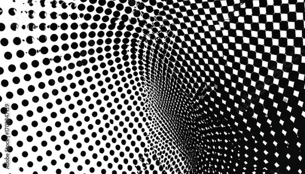 Obraz Abstract black and white pattern with dots and squares, creating a dynamic, swirling effect