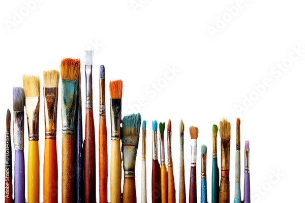 Fototapeta Many paintbrushes in a variety of colors and sizes, arranged in a row against a black background
