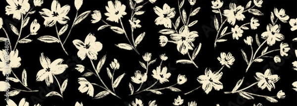Fototapeta Leaves branch and Hand Drawn doodle Scribble floral plants banner, seamless pattern. Creative minimalist Abstract art background. Design wall decoration, postcard, poster or brochure