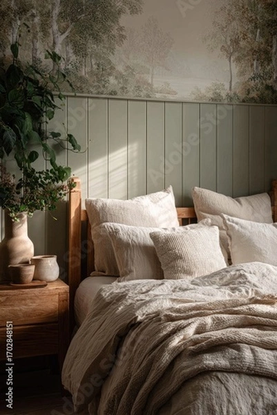 Fototapeta A serene bedroom features a wood bed with creamy linen bedding, a wood nightstand, and a calming nature-themed wall mural. Sunlight streams in