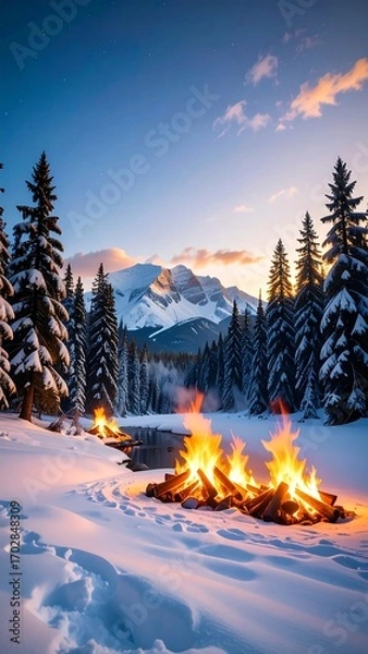 Obraz Winter campfire scene in snowy forest, mountains at sunset
