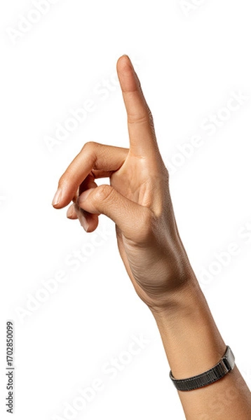 Fototapeta Close-up of a hand, index finger pointed upward, against black background