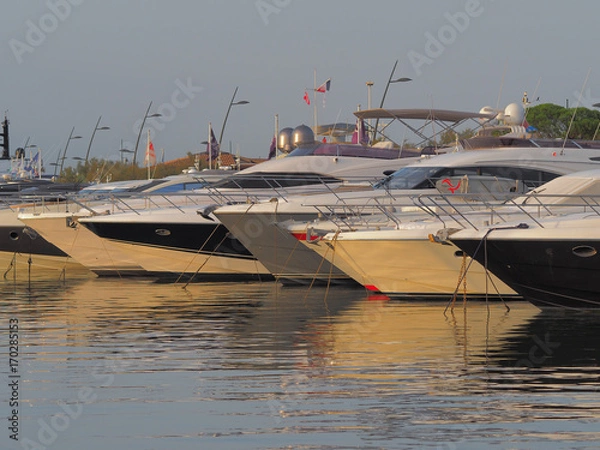 Fototapeta Saint-tropez, France - august 8 2017: Several yachts for anchor at the port of Saint Tropez.