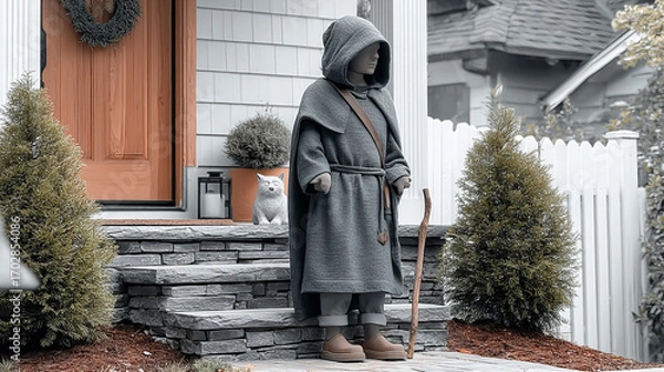 Fototapeta Mysterious figure in a gray cloak standing on a porch with a cane near a quaint house in autumn