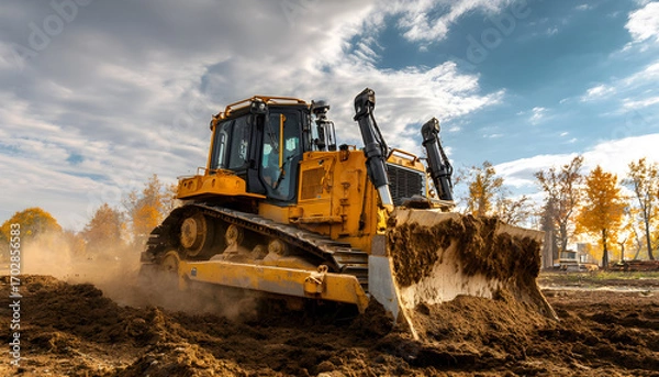 Fototapeta Yellow bulldozer pushing soil on construction site for earthmoving and land clearing projects, civil engineering