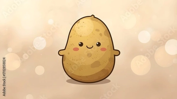Fototapeta Cute cartoon potato character illustration with kawaii style face and blushing cheeks, symbolizing adorable food art, playful vegetable mascot, and creative background concept