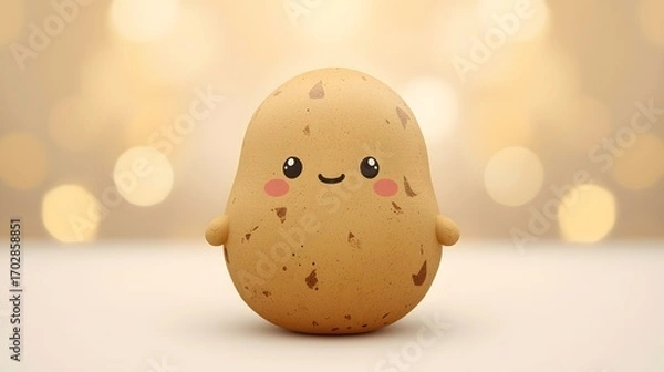 Fototapeta Cute cartoon potato character illustration with kawaii style face and blushing cheeks, symbolizing adorable food art, playful vegetable mascot, and creative background concept