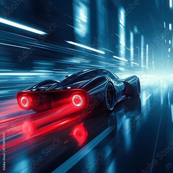 Fototapeta Futuristic cyberpunk sports car racing at high speed through neon city lights at night, symbolizing technology, innovation, acceleration, sci fi atmosphere, and future transportation concept