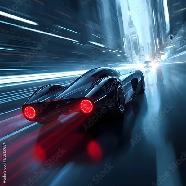 Fototapeta Futuristic cyberpunk sports car racing at high speed through neon city lights at night, symbolizing technology, innovation, acceleration, sci fi atmosphere, and future transportation concept