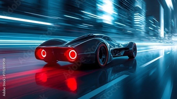 Fototapeta Futuristic cyberpunk sports car racing at high speed through neon city lights at night, symbolizing technology, innovation, acceleration, sci fi atmosphere, and future transportation concept