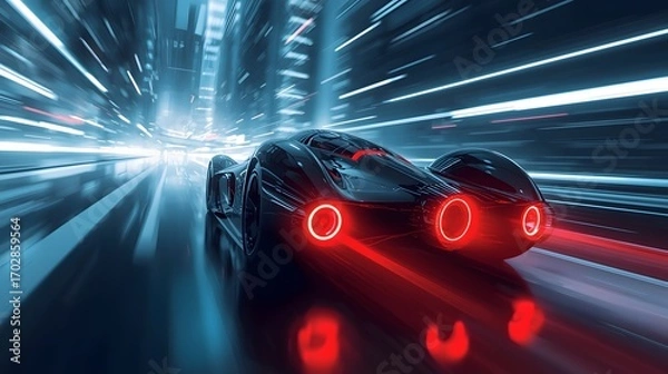 Fototapeta Futuristic cyberpunk sports car racing at high speed through neon city lights at night, symbolizing technology, innovation, acceleration, sci fi atmosphere, and future transportation concept