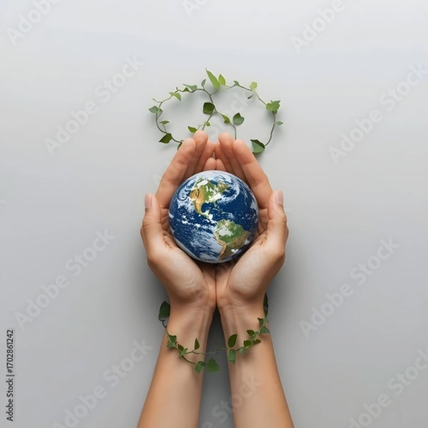 Fototapeta Hands gently holding a small globe wrapped with green ivy on neutral background, symbolizing sustainability, environmental care, eco responsibility, and nature protection concept