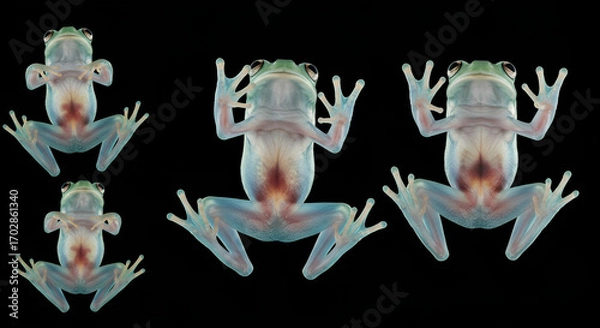 Fototapeta frog, Several transparent glass frogs with visible internal organs displayed against a black background