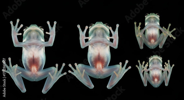 Fototapeta frog, Several transparent glass frogs with visible internal organs displayed against a black background