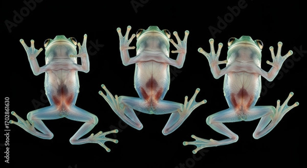 Fototapeta frog, Several transparent glass frogs with visible internal organs displayed against a black background