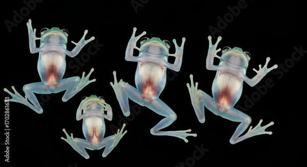Fototapeta frog, Several transparent glass frogs with visible internal organs displayed against a black background