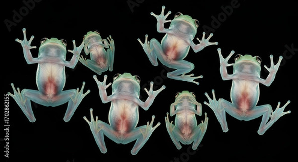 Fototapeta frog, Several transparent glass frogs with visible internal organs displayed against a black background