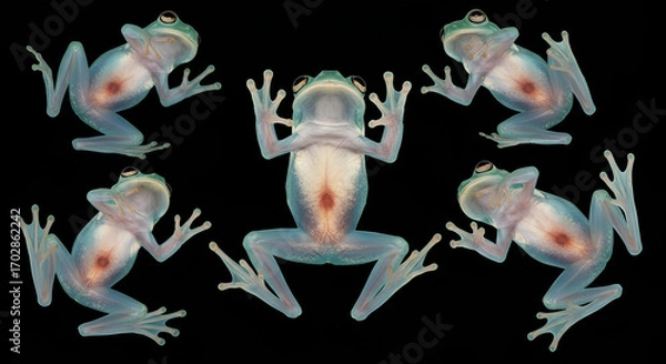 Fototapeta frog, Several transparent glass frogs with visible internal organs displayed against a black background