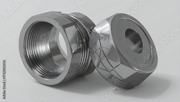 Obraz Two metallic rings, one with a smooth surface, the other with a patterned surface, on a light gray background