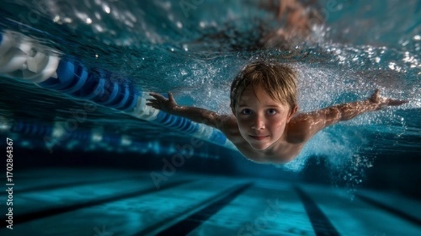 Obraz Confident young boy swimming underwater in pool lane with arms outstretched, smiling at camera through clear blue water in competitive swimming facility