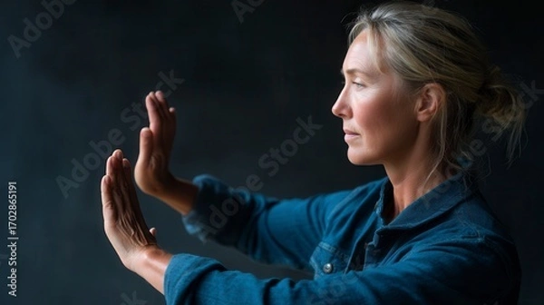 Obraz Serene Caucasian middle-aged woman practicing tai chi with graceful hand movements against dark background, wearing blue denim shirt, mindfulness and wellness concept with free copy space