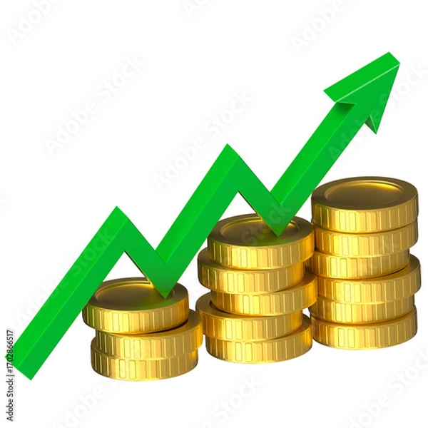 Fototapeta 3D golden coin stack with green arrow growth icon illustration
