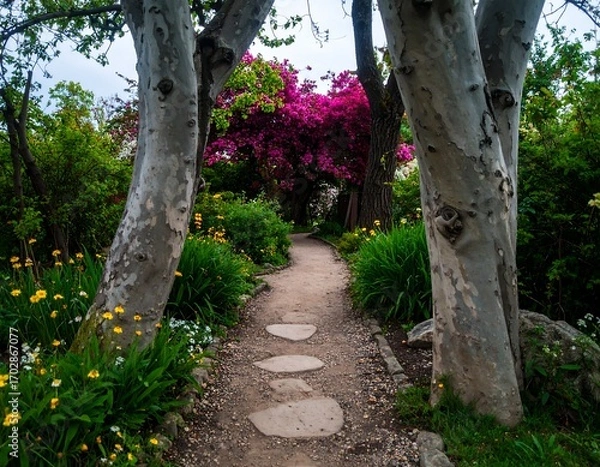 Obraz Path through a vibrant garden, lined with trees and flowers