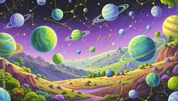 Obraz Colorful planets float above a vibrant landscape