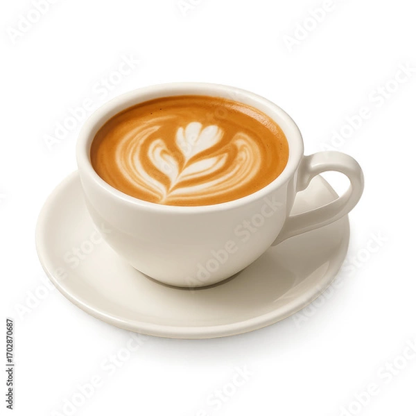 Fototapeta Latte with heart art in white cup and saucer — warm creamy coffee