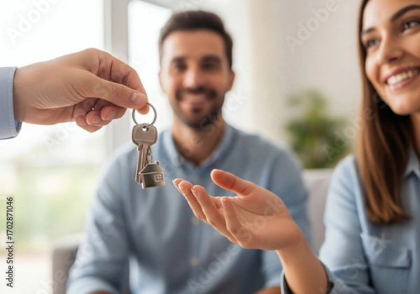 Fototapeta Real Estate Agent Hands House Keys to Happy Couple Symbolizing Homeownership and New Beginning
