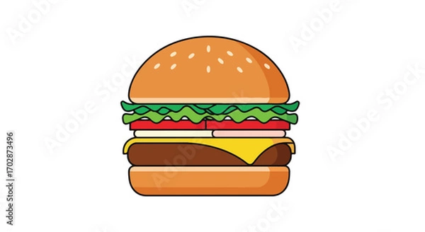 Fototapeta Delicious cartoon burger illustration, featuring fresh ingredients and vibrant colors in a clean digital style ideal for food related projects