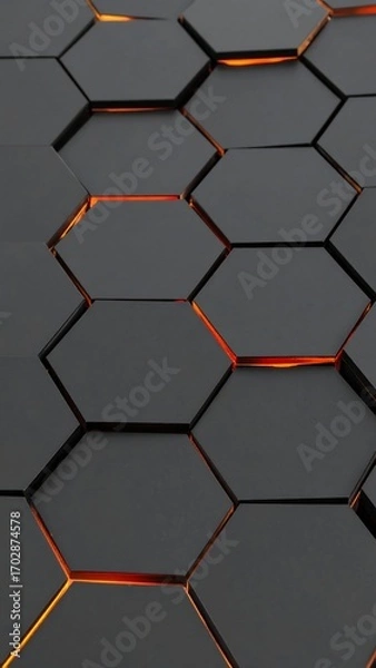 Obraz Dark gray hexagonal tiles with glowing orange inner edges, creating a three-dimensional, repeating pattern